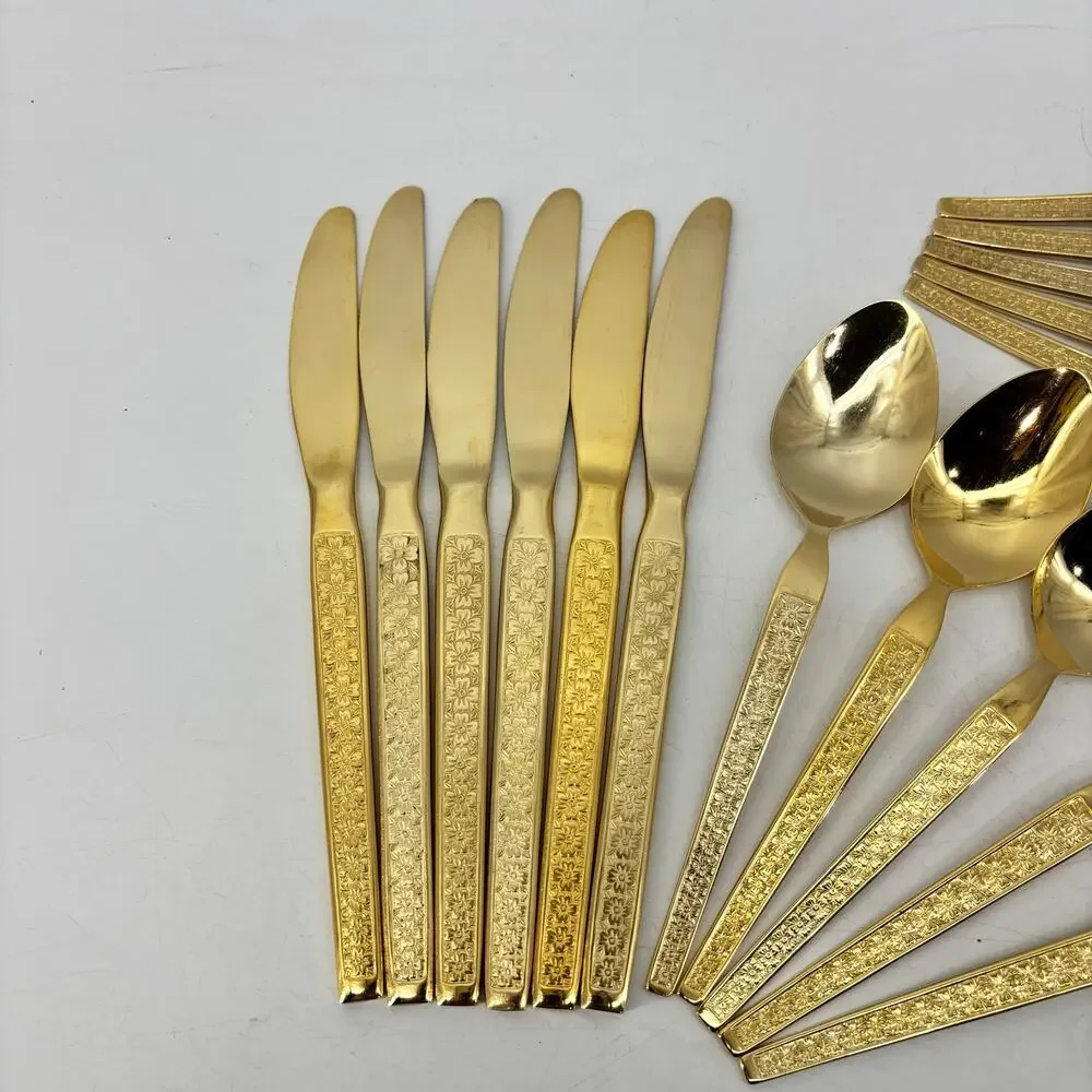 Vtg Thocadero Hollywood Gold Spoons Fork Dinner Knives Korea Stainless